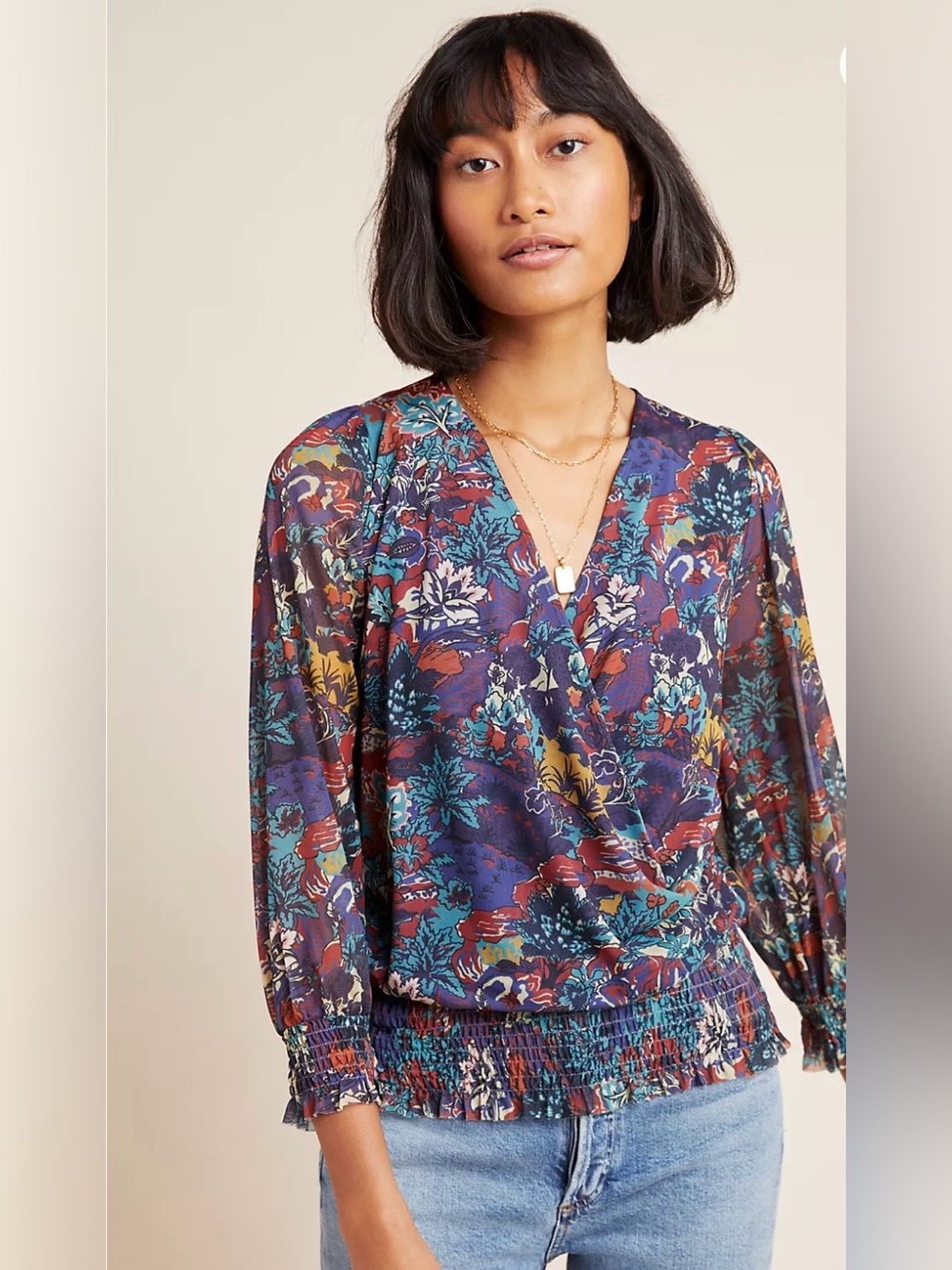 Anthropologie Ines Smocked Surplice Floral Print Mesh Pullover Top Size XL